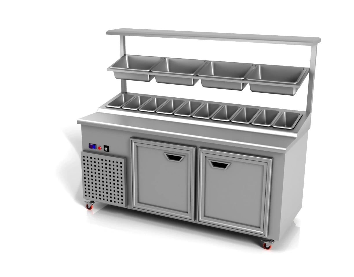 Hot and cold topping counter with multiple ingredient pans